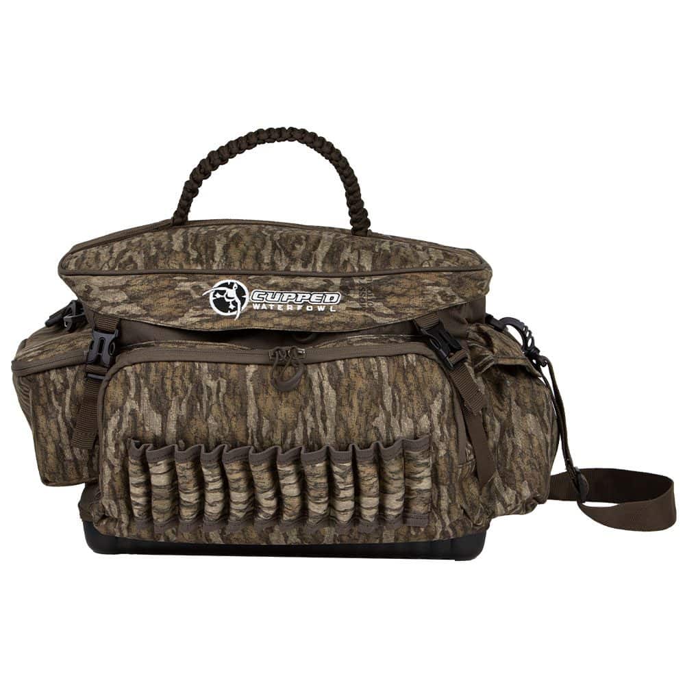 Camouflage hunting bag with visible brand logo on a white background